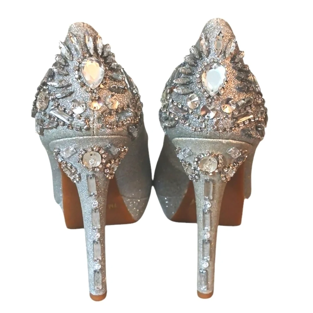 Gianni Bini Silver Glitter Gemstone Open Toe Platform Heels size 7